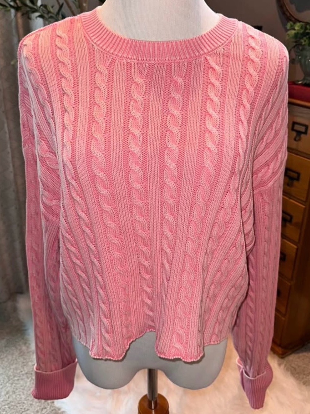 Aerie Pink Cable Knit Cropped Sweater - 100% Cotton
